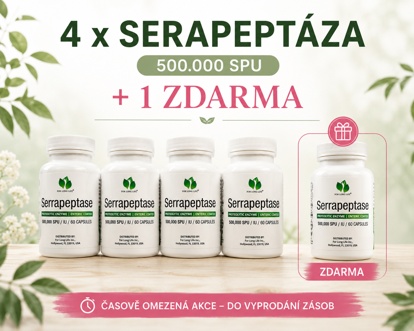 For Long Life 4x Serrapeptáza 60 kapslí 500 000 SPU + 1 zdarma